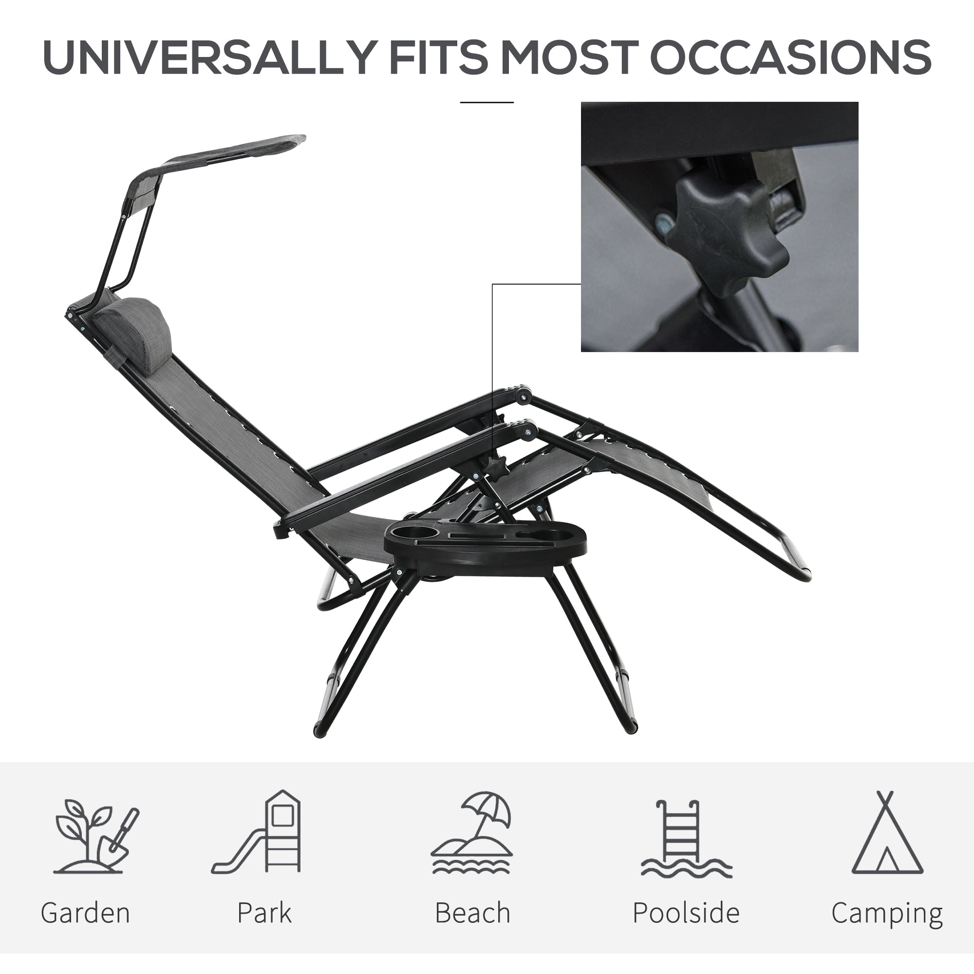 Outsunny Foldable Reclining Garden Chair with Headrest, Zero Gravity Deck Sun Lounger Seat Chair with Footrest, Armrest, Cup Holder & Canopy Shade, Light Grey 