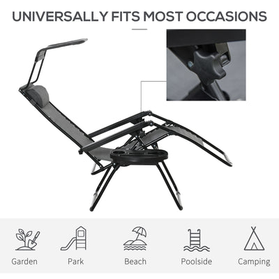 Outsunny Foldable Reclining Garden Chair with Headrest, Zero Gravity Deck Sun Lounger Seat Chair with Footrest, Armrest, Cup Holder & Canopy Shade, Light Grey 