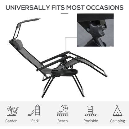 Outsunny Foldable Reclining Garden Chair with Headrest, Zero Gravity Deck Sun Lounger Seat Chair with Footrest, Armrest, Cup Holder & Canopy Shade, Light Grey 