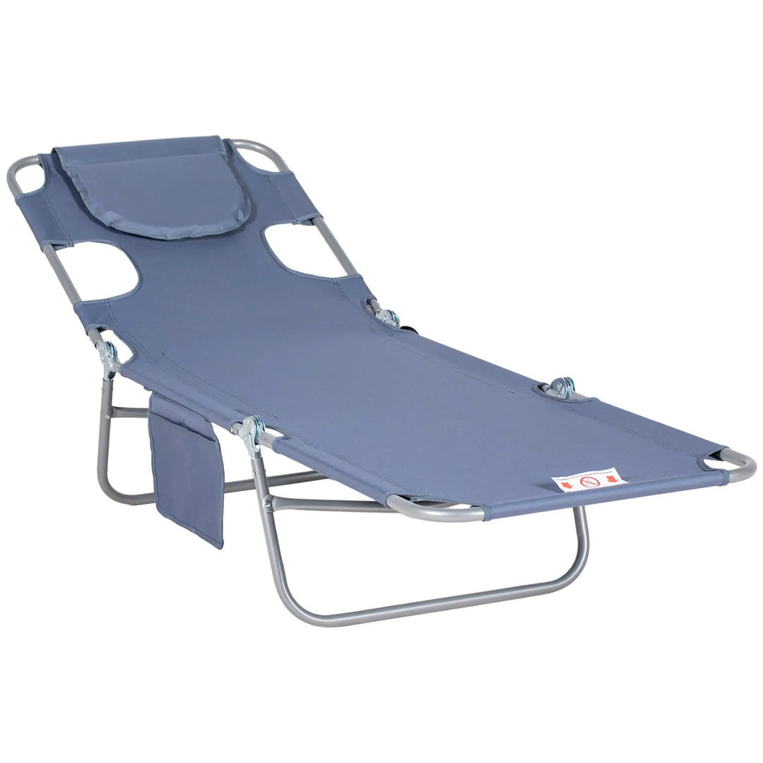 Outsunny Foldable Sun Lounger, Beach Chaise Lounge with Reading Hole, Arm Slots, 5-Position Adjustable Backrest, Side Pocket, Pillow for Patio, Garden, Beach, Pool, Grey 