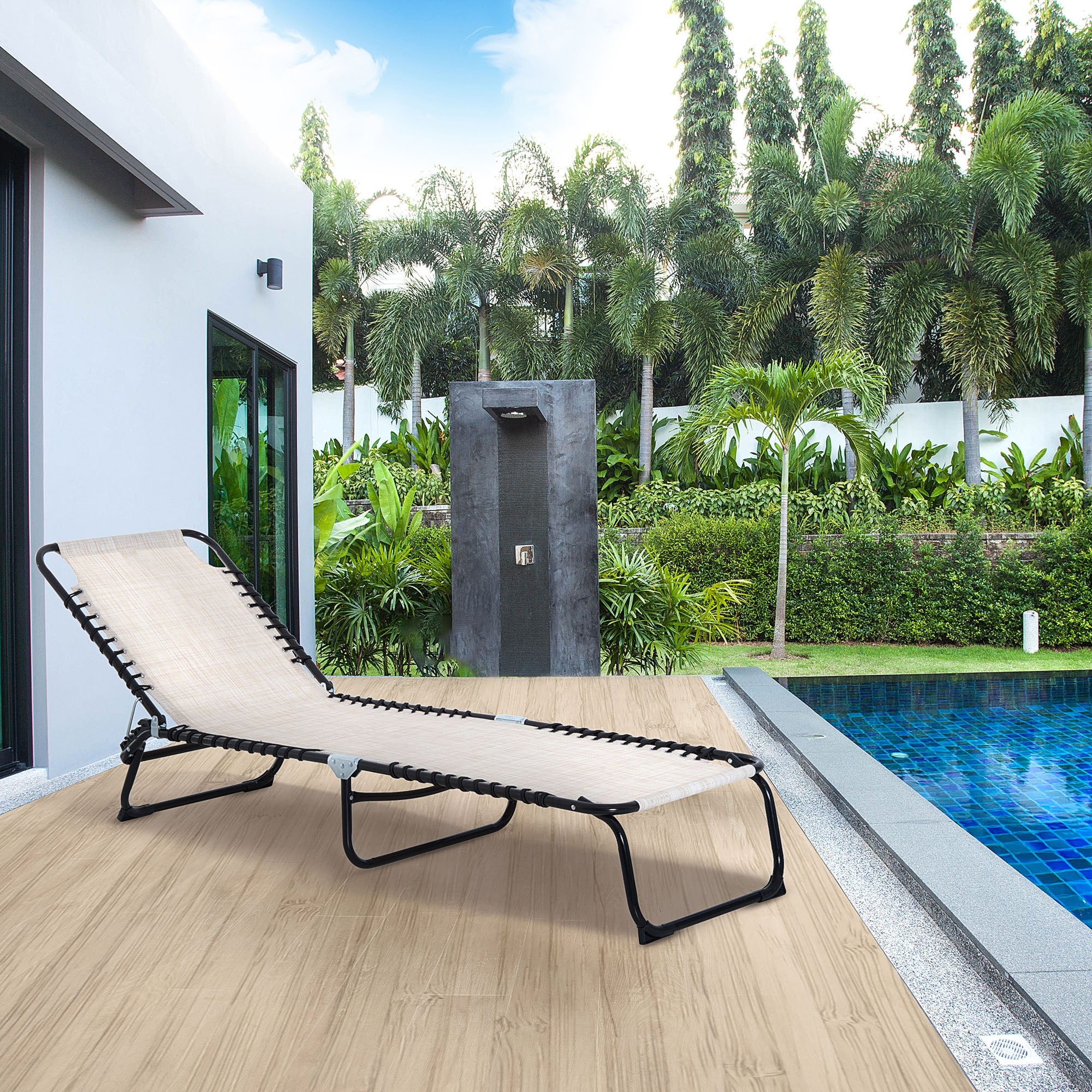 Outsunny Foldable Sun Lounger, Outdoor 4 Level Adjustable Backrest Reclining Chaise Chair, Steel Frame Recliner Chair for Camping, Hiking, Cream White 