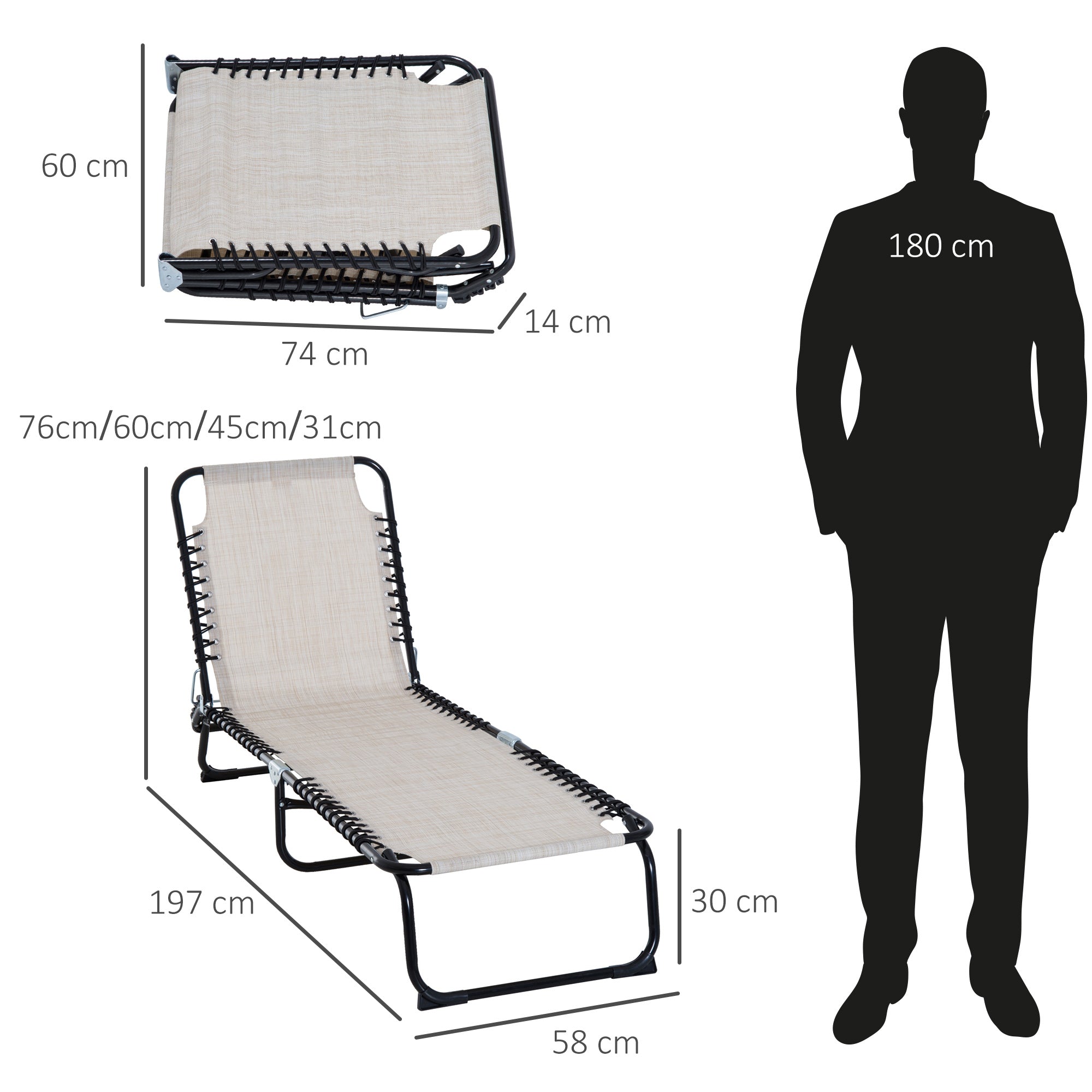 Outsunny Foldable Sun Lounger, Outdoor 4 Level Adjustable Backrest Reclining Chaise Chair, Steel Frame Recliner Chair for Camping, Hiking, Cream White 