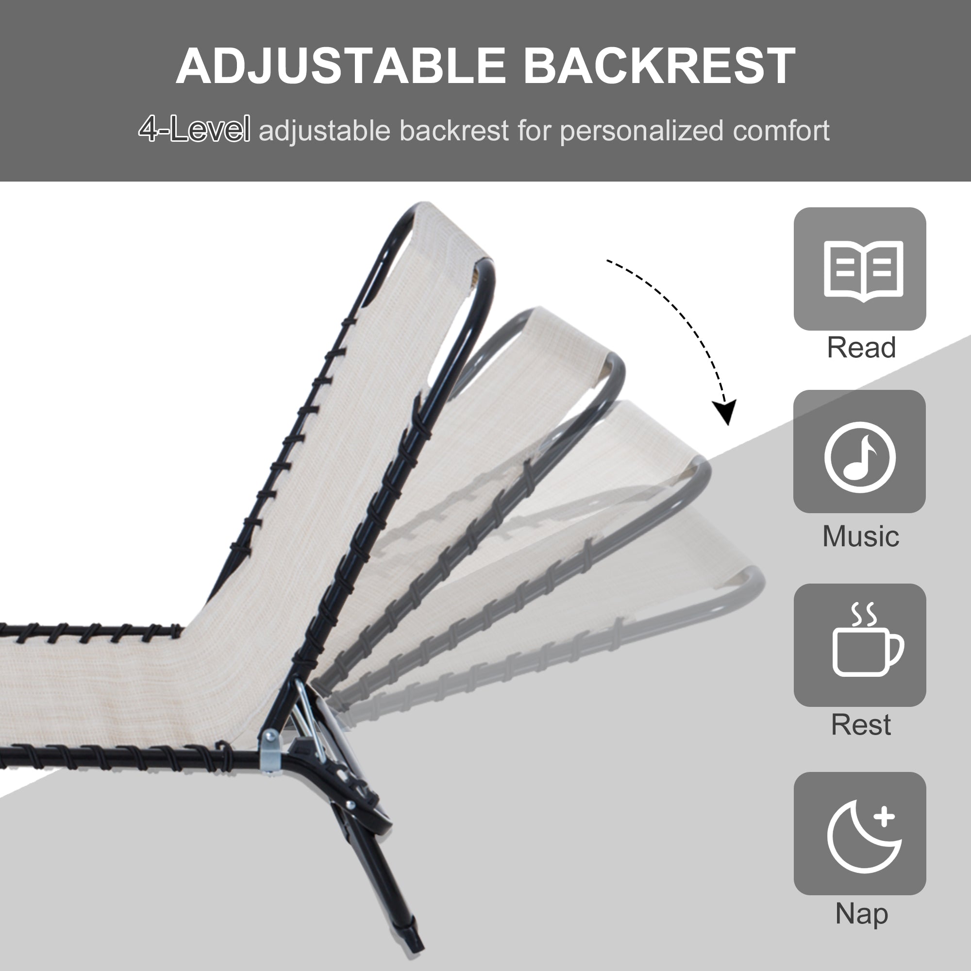 Outsunny Foldable Sun Lounger, Outdoor 4 Level Adjustable Backrest Reclining Chaise Chair, Steel Frame Recliner Chair for Camping, Hiking, Cream White 
