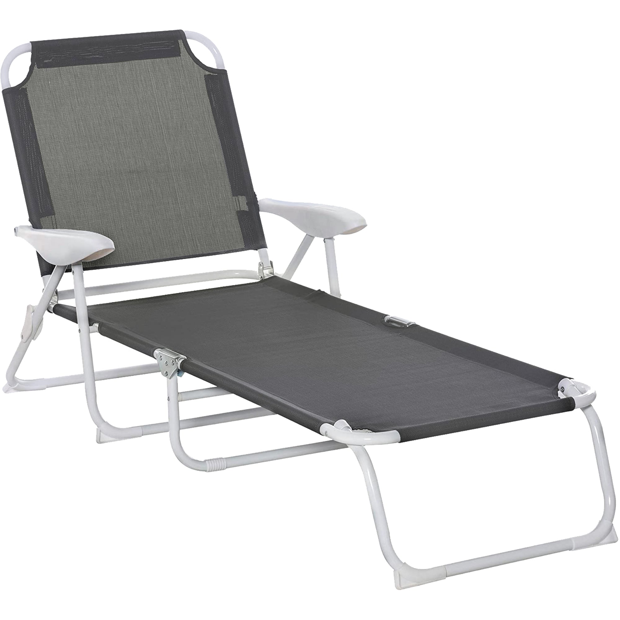 Outsunny Foldable Sun Lounger, Outdoor 4 Level Adjustable Backrest Reclining Lounge Chair with Armrests for Patio, Garden, Dark Grey 
