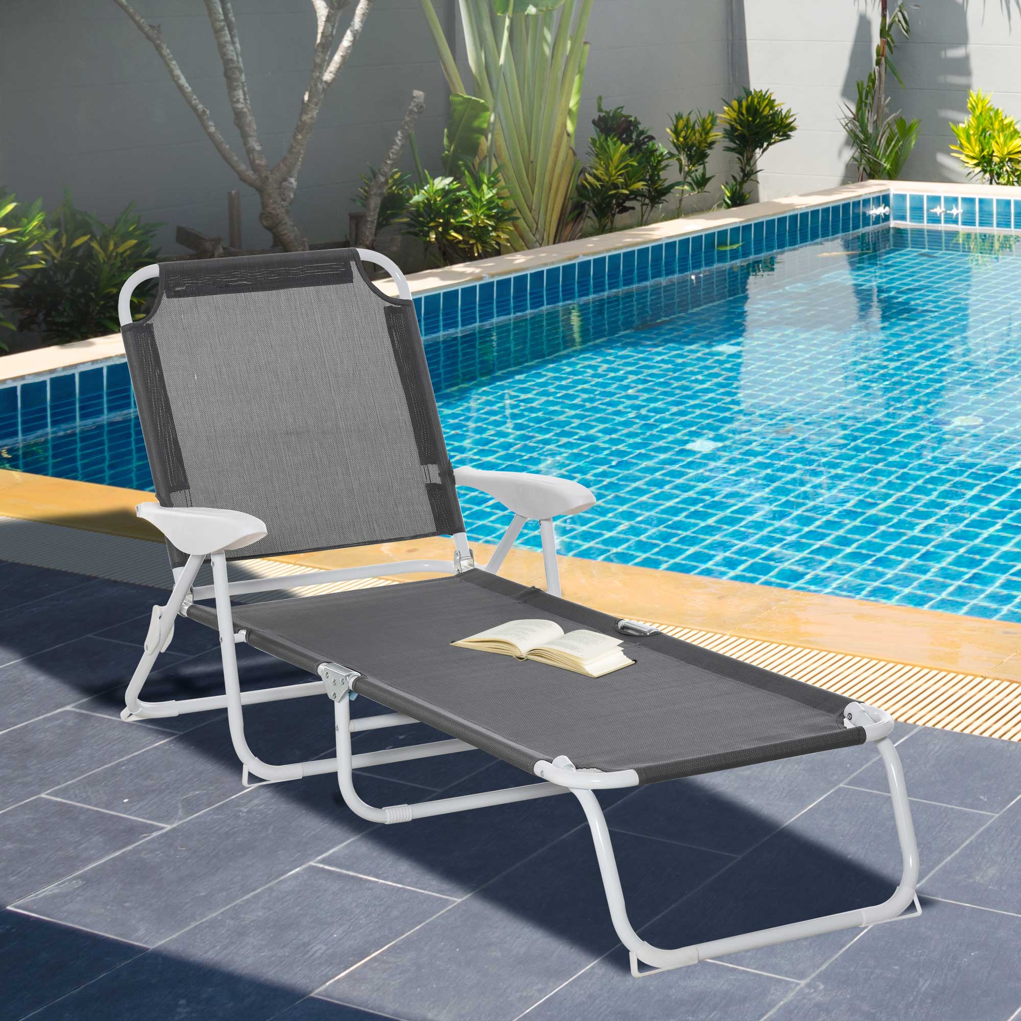 Outsunny Foldable Sun Lounger, Outdoor 4 Level Adjustable Backrest Reclining Lounge Chair with Armrests for Patio, Garden, Dark Grey 