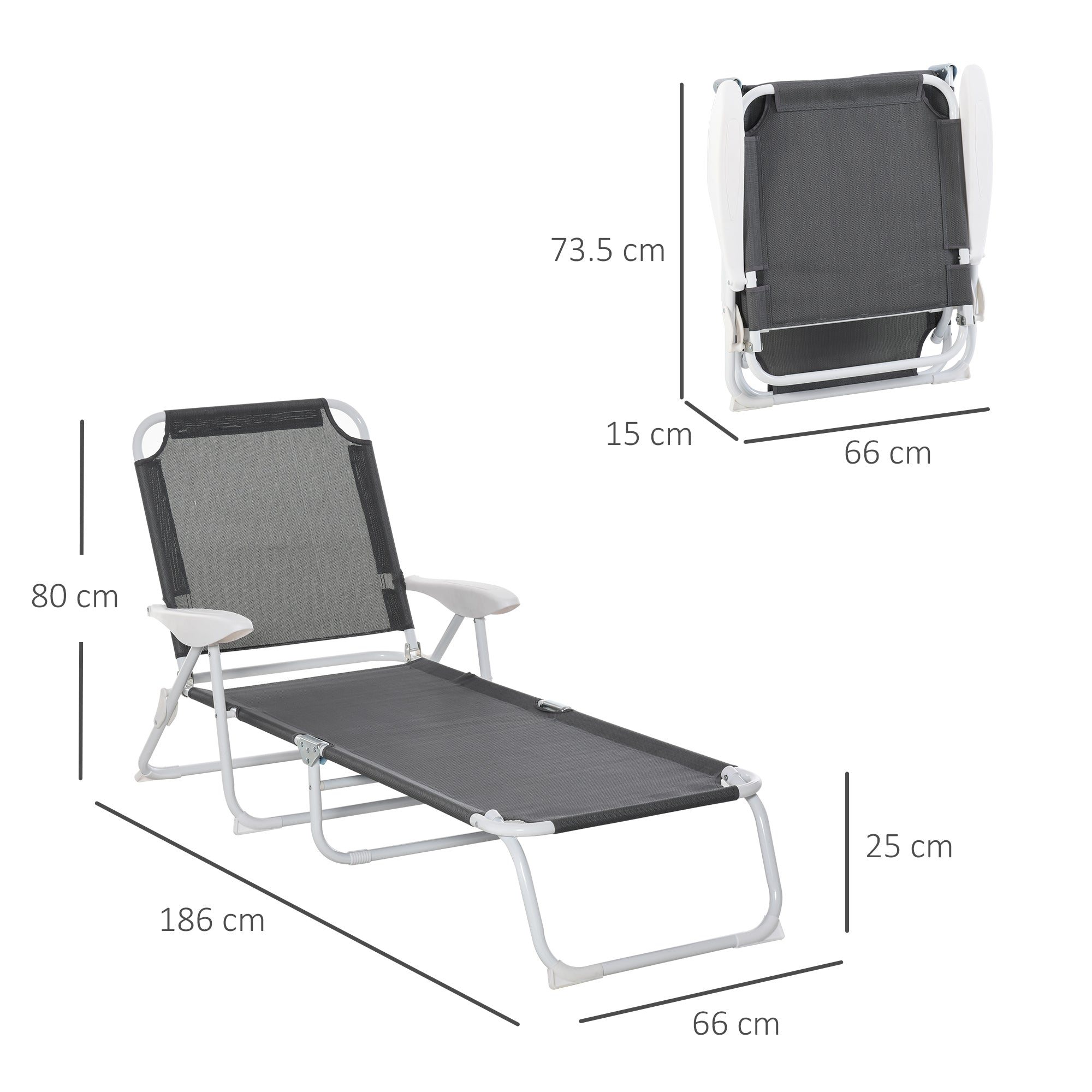 Outsunny Foldable Sun Lounger, Outdoor 4 Level Adjustable Backrest Reclining Lounge Chair with Armrests for Patio, Garden, Dark Grey 