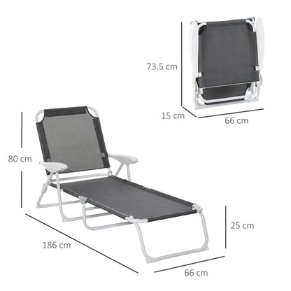 Outsunny Foldable Sun Lounger, Outdoor 4 Level Adjustable Backrest Reclining Lounge Chair with Armrests for Patio, Garden, Dark Grey 