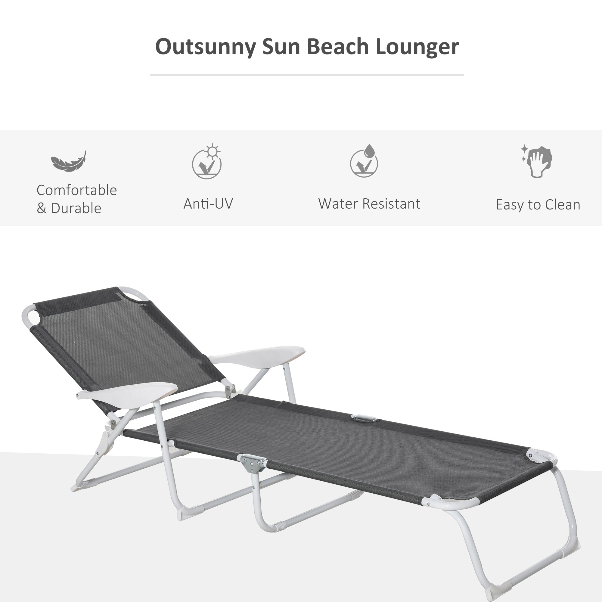 Outsunny Foldable Sun Lounger, Outdoor 4 Level Adjustable Backrest Reclining Lounge Chair with Armrests for Patio, Garden, Dark Grey 