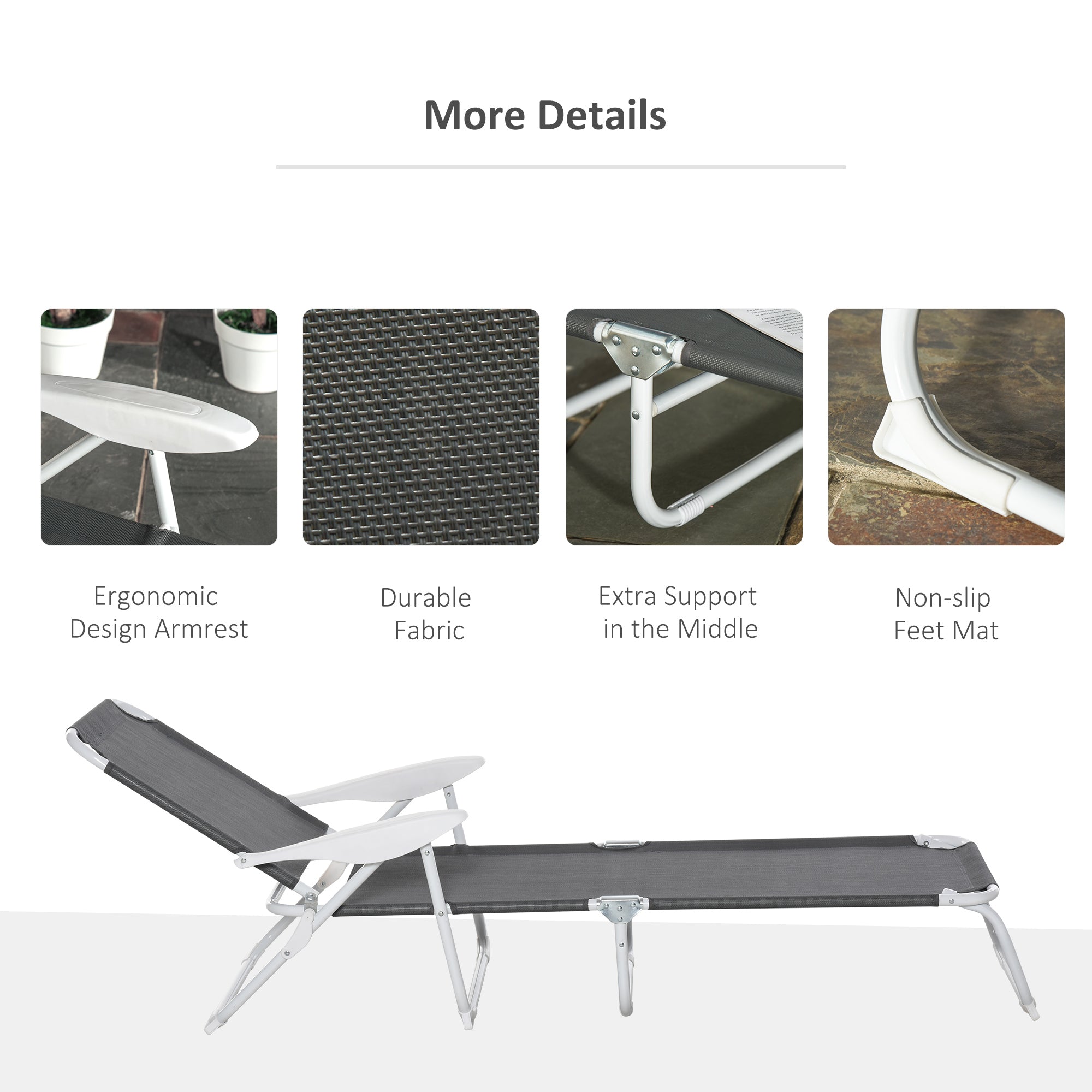 Outsunny Foldable Sun Lounger, Outdoor 4 Level Adjustable Backrest Reclining Lounge Chair with Armrests for Patio, Garden, Dark Grey 