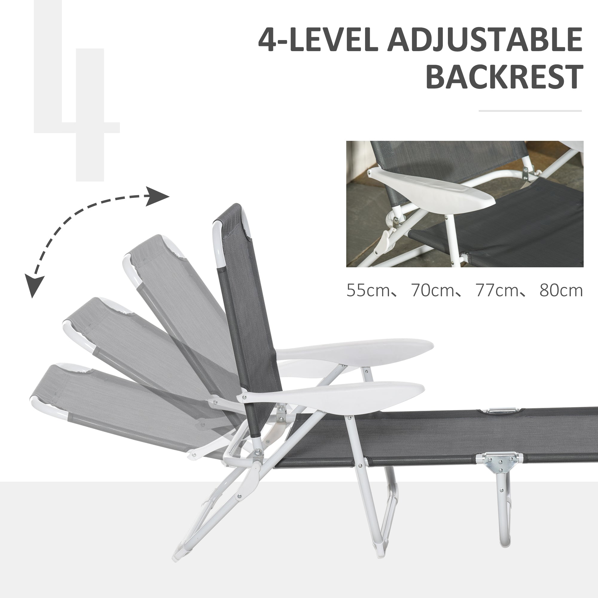 Outsunny Foldable Sun Lounger, Outdoor 4 Level Adjustable Backrest Reclining Lounge Chair with Armrests for Patio, Garden, Dark Grey 