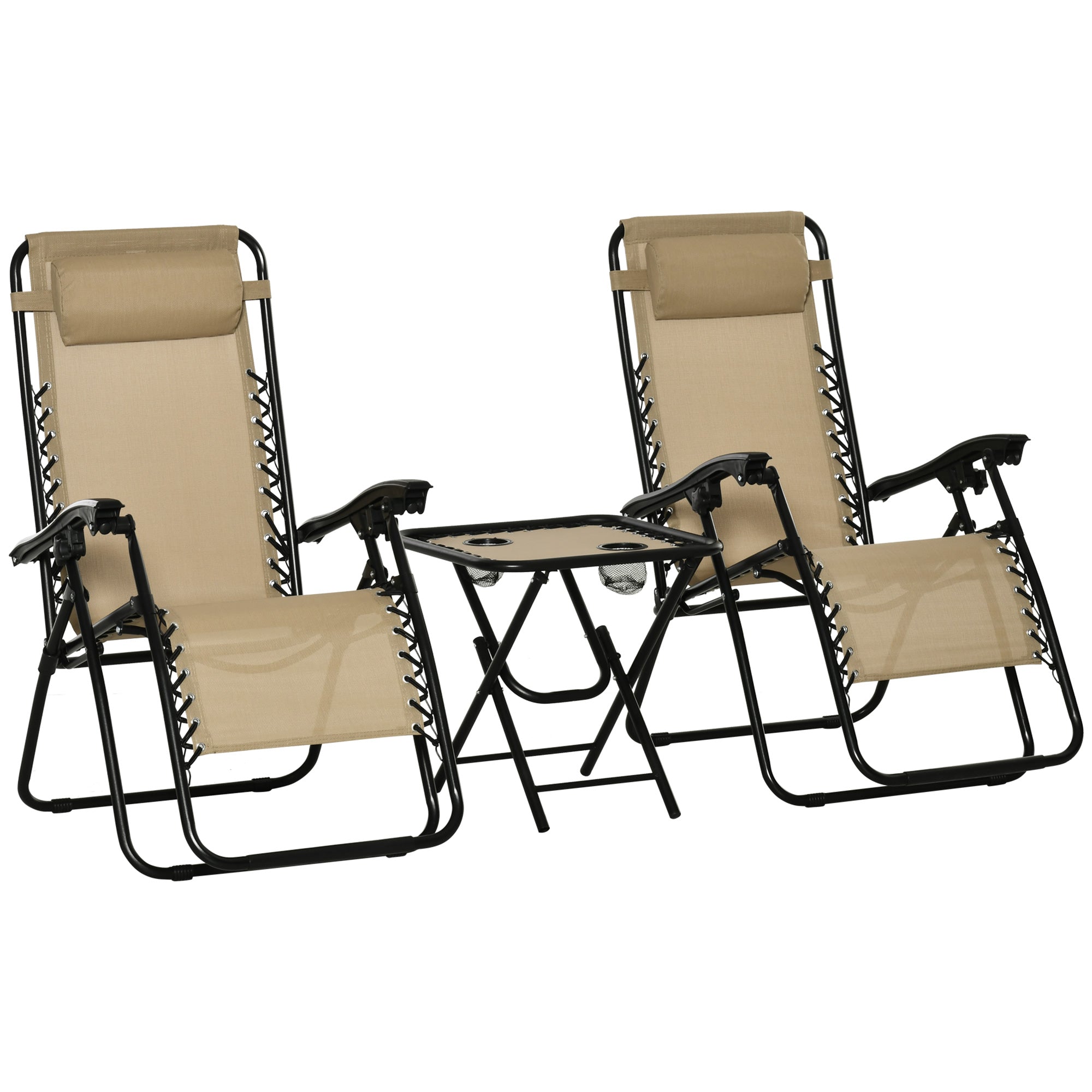 Outsunny Folding Zero Gravity Chairs, 3 Pieces Adjustable Sun Lounger and Table Set with Cup Holder and Headrest, Bistro Set with Reclining Garden Chairs for Patio, Beige 