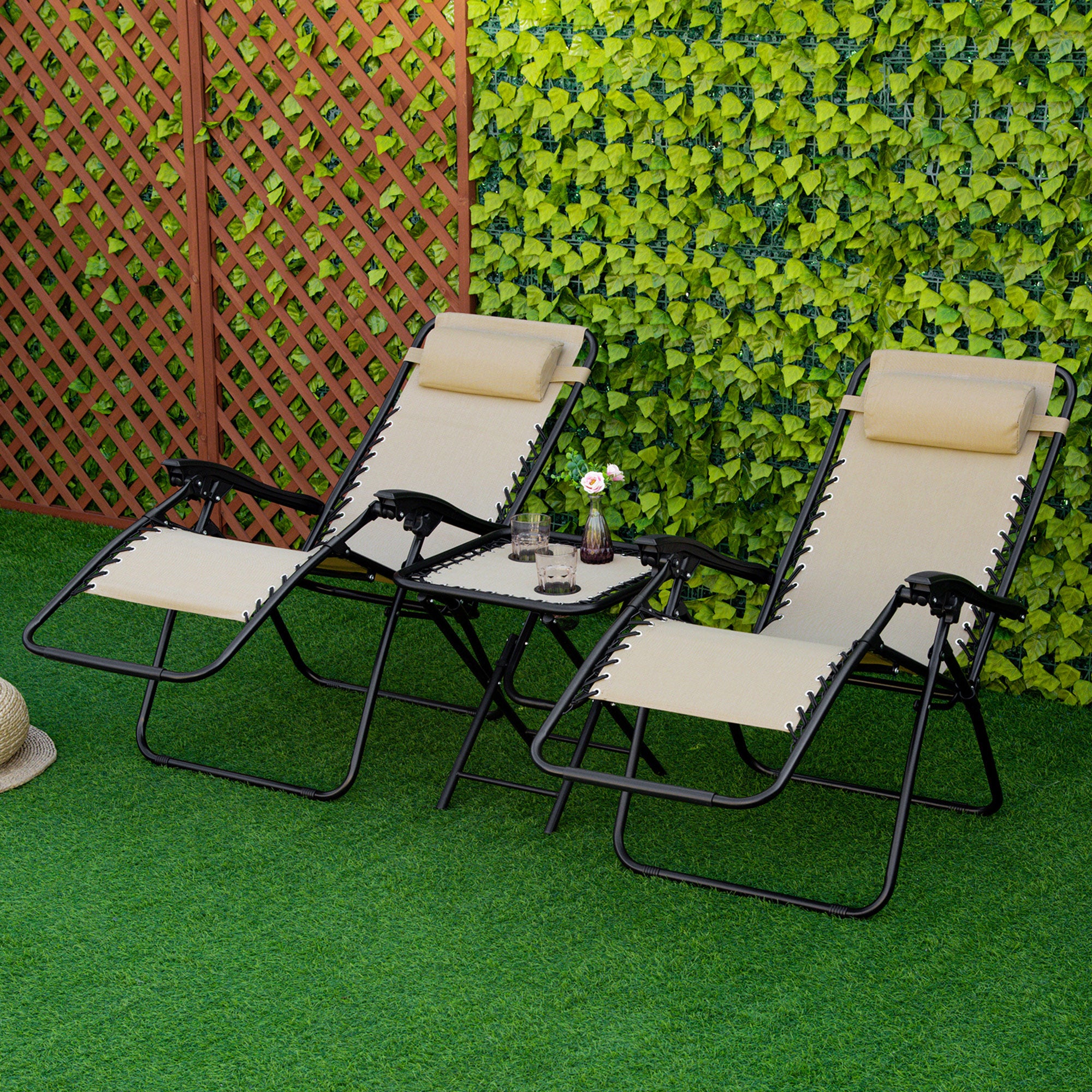 Outsunny Folding Zero Gravity Chairs, 3 Pieces Adjustable Sun Lounger and Table Set with Cup Holder and Headrest, Bistro Set with Reclining Garden Chairs for Patio, Beige 