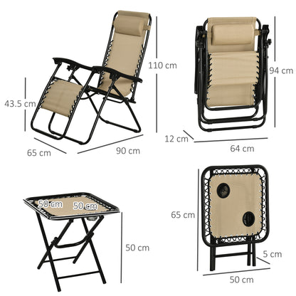 Outsunny Folding Zero Gravity Chairs, 3 Pieces Adjustable Sun Lounger and Table Set with Cup Holder and Headrest, Bistro Set with Reclining Garden Chairs for Patio, Beige 