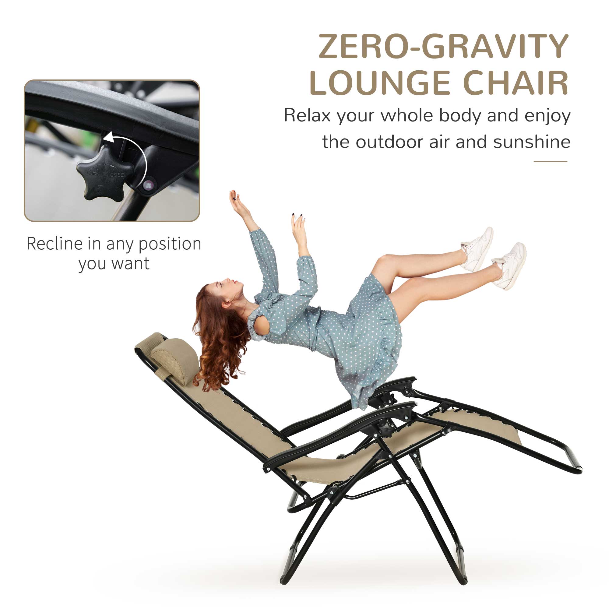 Outsunny Folding Zero Gravity Chairs, 3 Pieces Adjustable Sun Lounger and Table Set with Cup Holder and Headrest, Bistro Set with Reclining Garden Chairs for Patio, Beige 