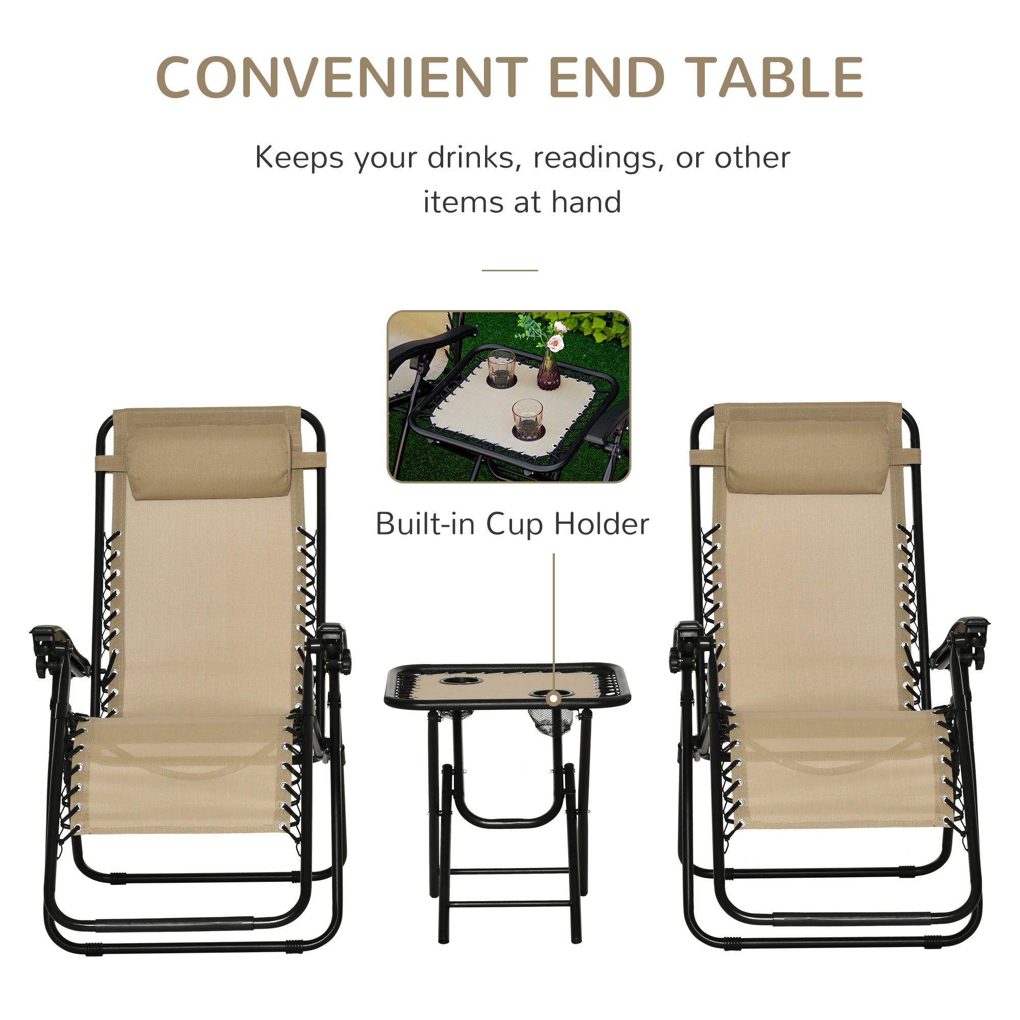 Outsunny Folding Zero Gravity Chairs, 3 Pieces Adjustable Sun Lounger and Table Set with Cup Holder and Headrest, Bistro Set with Reclining Garden Chairs for Patio, Beige 