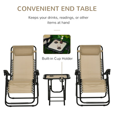Outsunny Folding Zero Gravity Chairs, 3 Pieces Adjustable Sun Lounger and Table Set with Cup Holder and Headrest, Bistro Set with Reclining Garden Chairs for Patio, Beige 