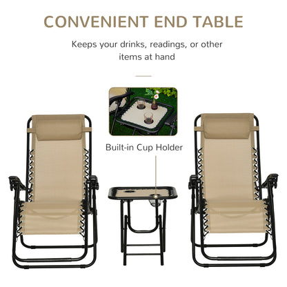 Outsunny Folding Zero Gravity Chairs, 3 Pieces Adjustable Sun Lounger and Table Set with Cup Holder and Headrest, Bistro Set with Reclining Garden Chairs for Patio, Beige 