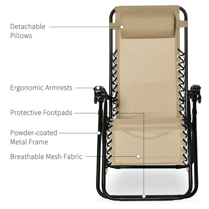 Outsunny Folding Zero Gravity Chairs, 3 Pieces Adjustable Sun Lounger and Table Set with Cup Holder and Headrest, Bistro Set with Reclining Garden Chairs for Patio, Beige 