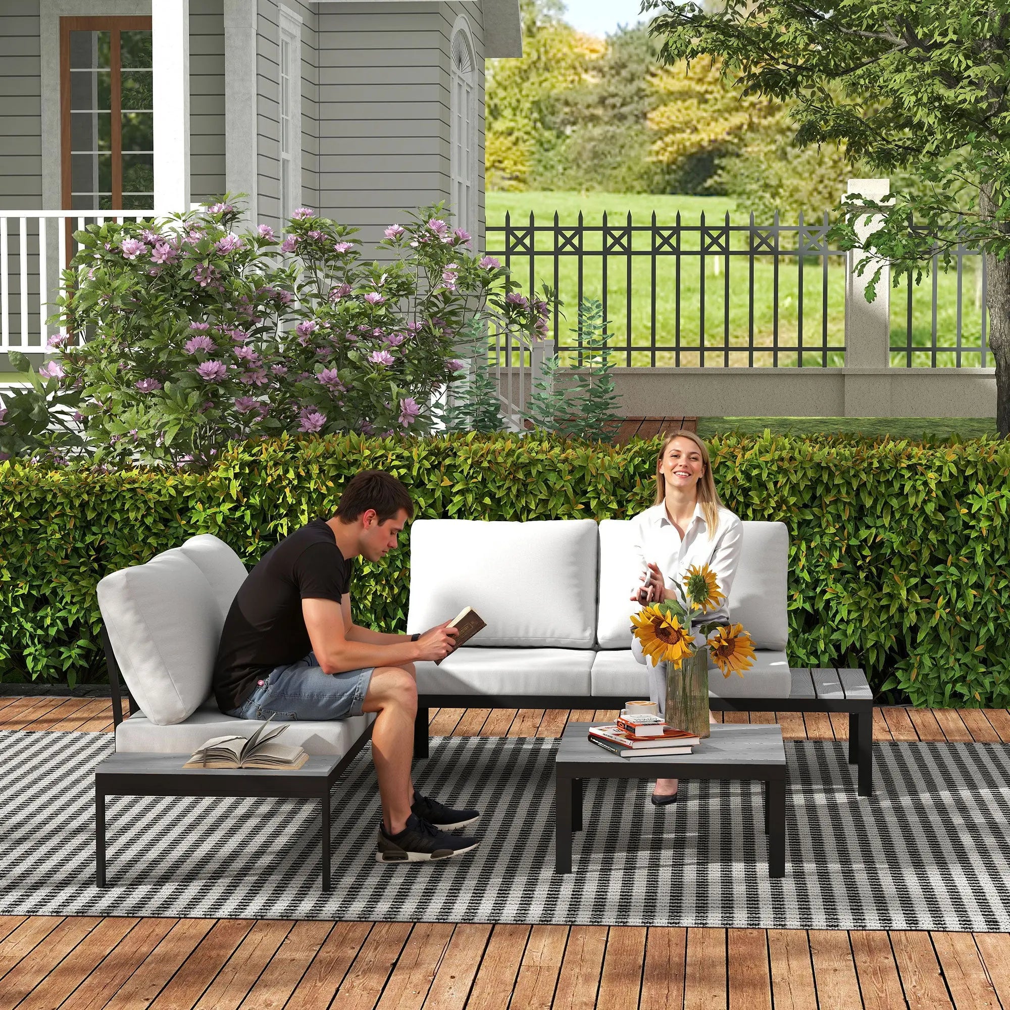 Outsunny Four-Piece Garden Corner Sofa Set with 2 Loveseats and 2 Coffee Tables - Grey 