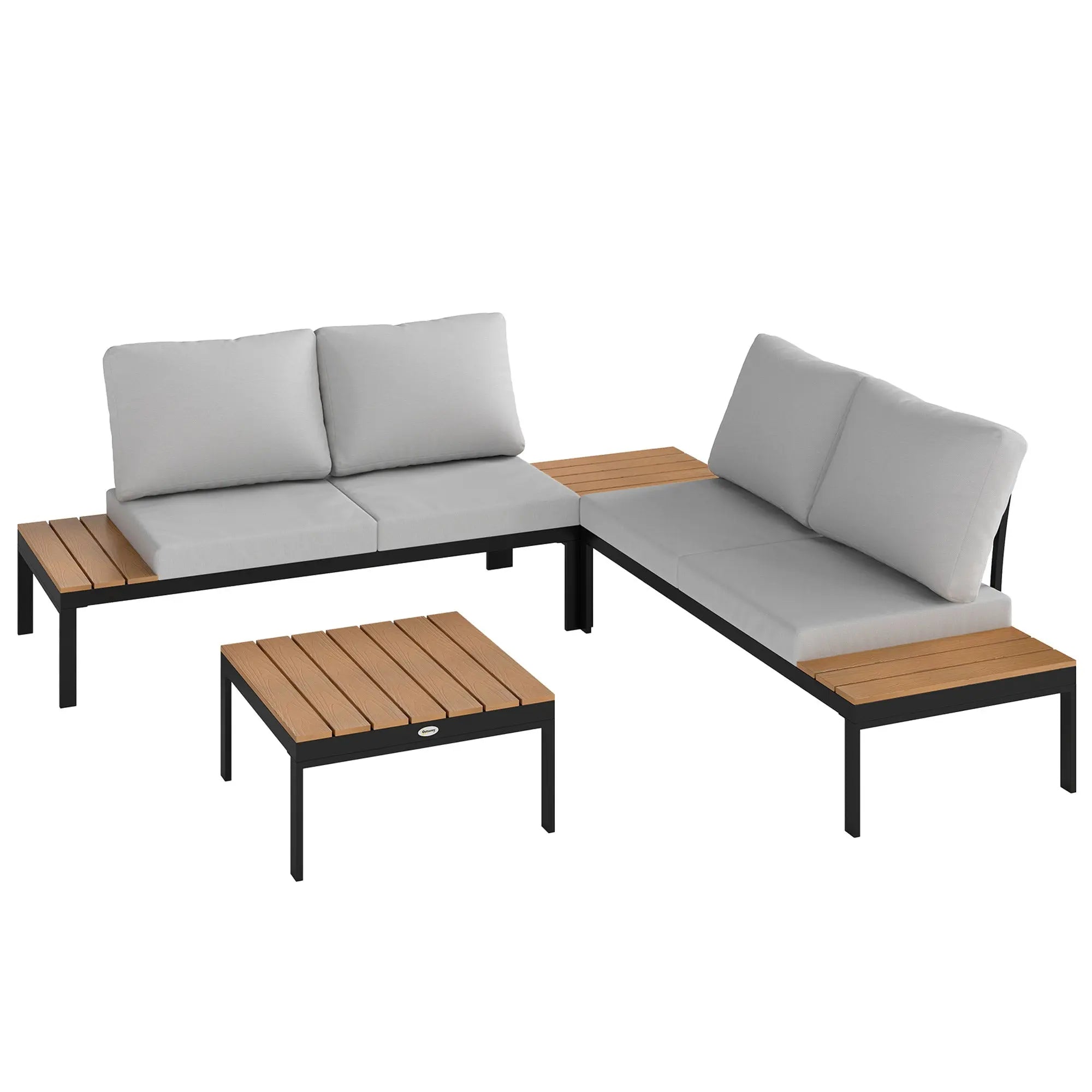Outsunny Four-Piece Garden Corner Sofa Set with 2 Loveseats and 2 Coffee Tables - Teak 