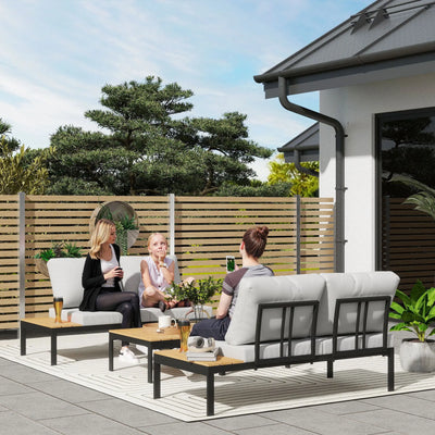 Outsunny Four-Piece Garden Corner Sofa Set with 2 Loveseats and 2 Coffee Tables - Teak 