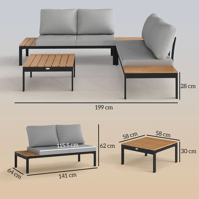 Outsunny Four-Piece Garden Corner Sofa Set with 2 Loveseats and 2 Coffee Tables - Teak 