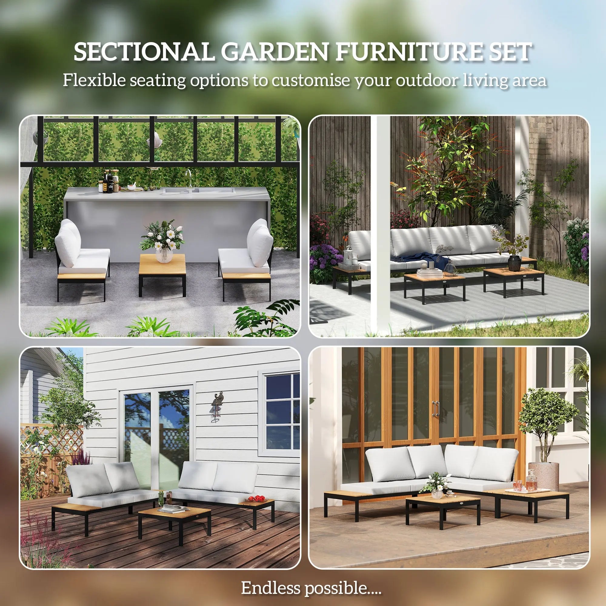 Outsunny Four-Piece Garden Corner Sofa Set with 2 Loveseats and 2 Coffee Tables - Teak 
