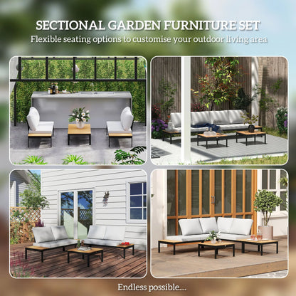 Outsunny Four-Piece Garden Corner Sofa Set with 2 Loveseats and 2 Coffee Tables - Teak 