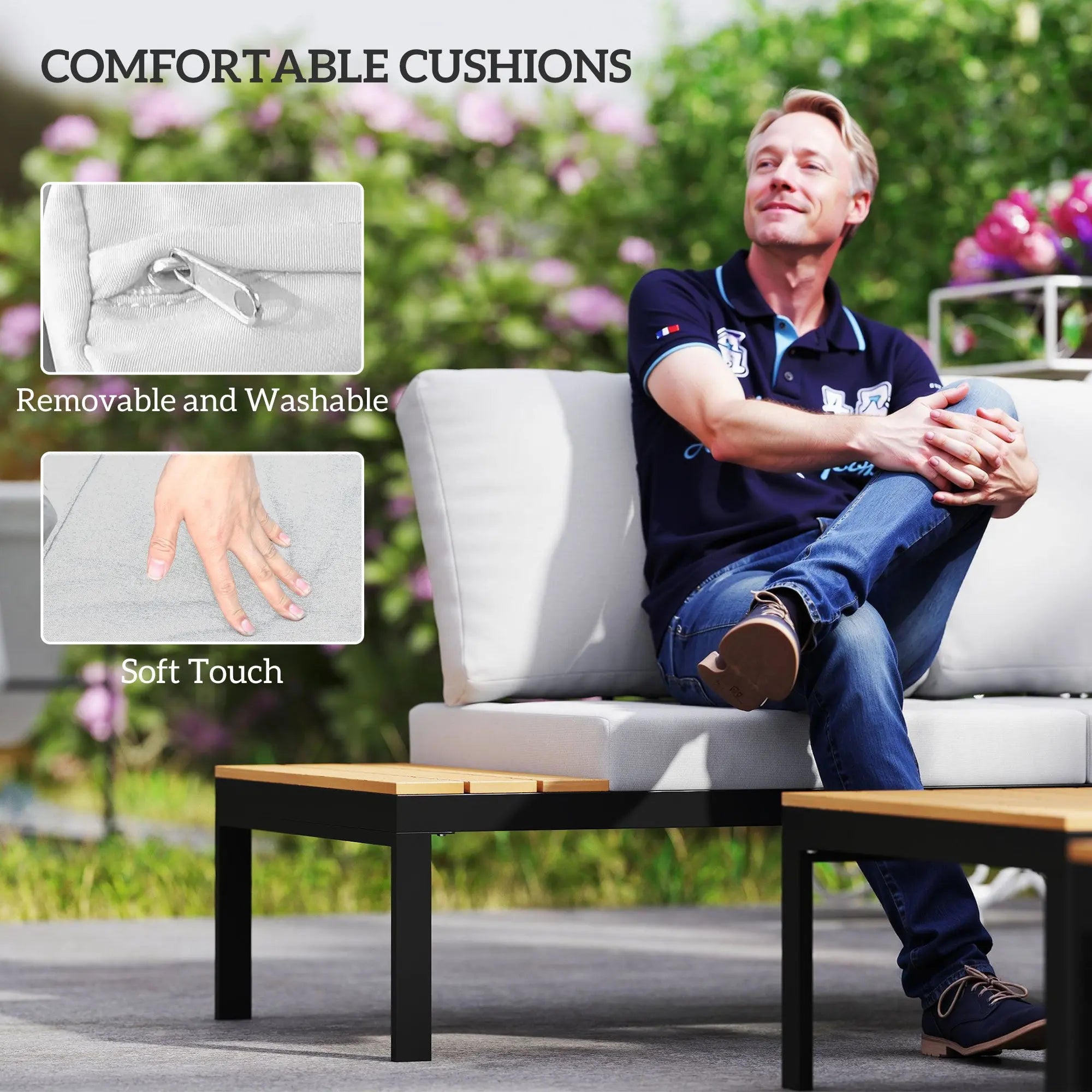 Outsunny Four-Piece Garden Corner Sofa Set with 2 Loveseats and 2 Coffee Tables - Teak 