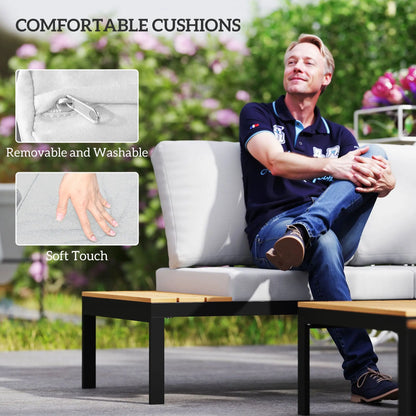 Outsunny Four-Piece Garden Corner Sofa Set with 2 Loveseats and 2 Coffee Tables - Teak 