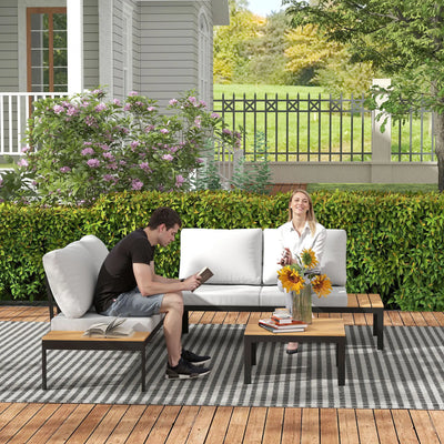 Outsunny Four-Piece Garden Corner Sofa Set with 2 Loveseats and 2 Coffee Tables - Teak 