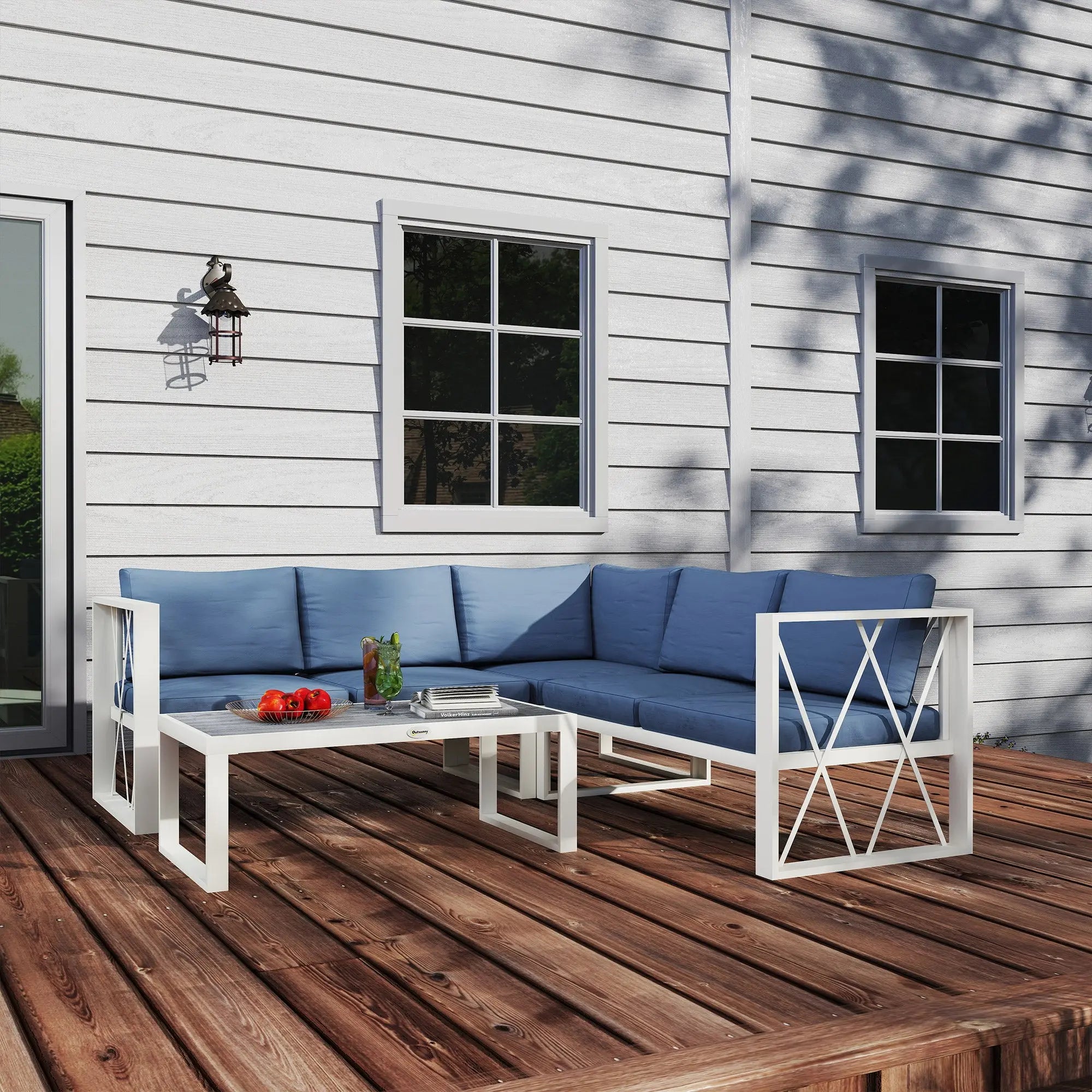 Outsunny Four-Piece L Shaped Garden Furniture Set with 5-Level Adjustable Lounger - Grey 