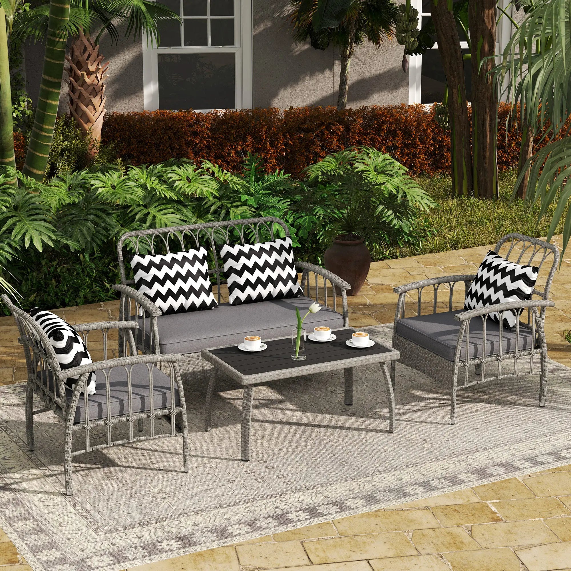 Outsunny Four-Piece Rattan Cut-Out Sofa Set - Grey 