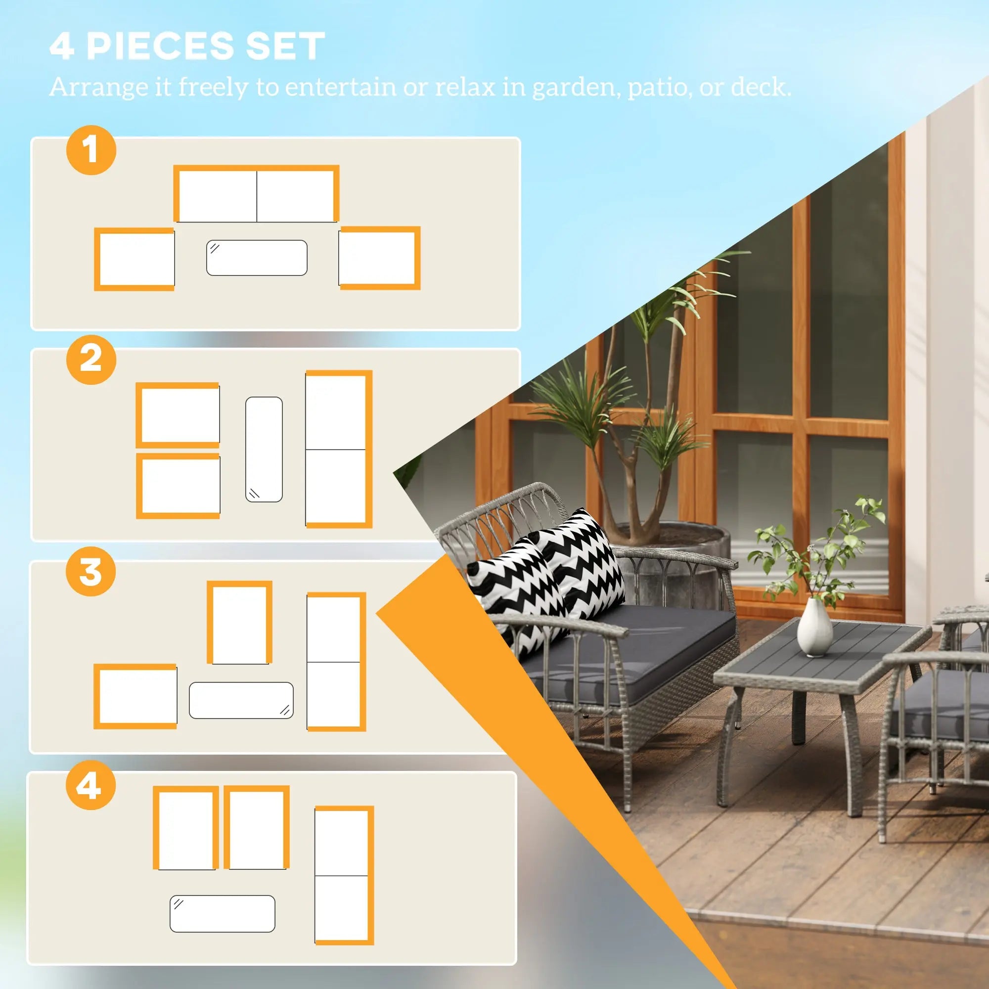 Outsunny Four-Piece Rattan Cut-Out Sofa Set - Grey 