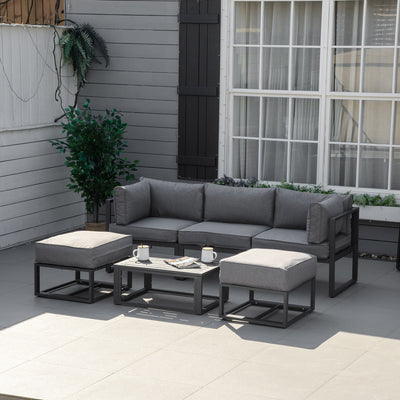 Outsunny Garden Daybed, 6 Piece Outdoor Sectional Sofa Set, Aluminum Patio Conversation Furniture Set with Coffee Table, Footstool and Cushions, Grey 
