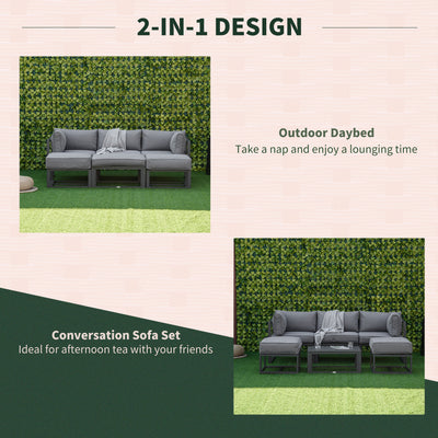 Outsunny Garden Daybed, 6 Piece Outdoor Sectional Sofa Set, Aluminum Patio Conversation Furniture Set with Coffee Table, Footstool and Cushions, Grey 