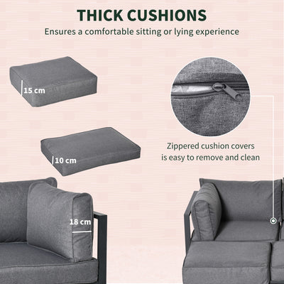 Outsunny Garden Daybed, 6 Piece Outdoor Sectional Sofa Set, Aluminum Patio Conversation Furniture Set with Coffee Table, Footstool and Cushions, Grey 