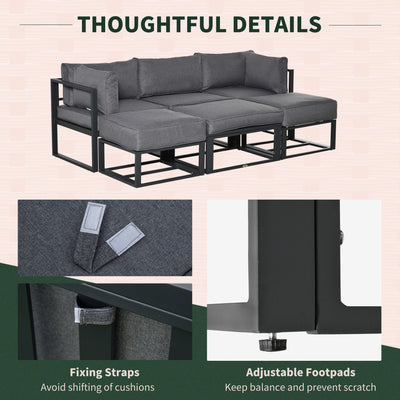 Outsunny Garden Daybed, 6 Piece Outdoor Sectional Sofa Set, Aluminum Patio Conversation Furniture Set with Coffee Table, Footstool and Cushions, Grey 