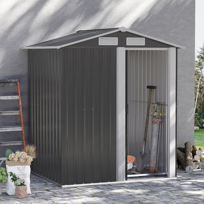 Outsunny Garden Metal Tool Storage Shed with Sliding Door, Sloped Roof and Foundation Kit, 152 x 132 x 188cm, Grey 
