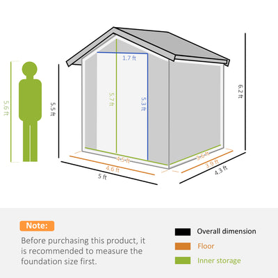 Outsunny Garden Metal Tool Storage Shed with Sliding Door, Sloped Roof and Foundation Kit, 152 x 132 x 188cm, Grey 