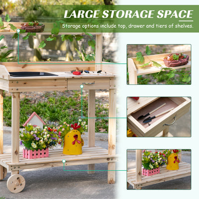 Outsunny Garden Potting Bench Table, Wooden Work Station, Outdoor Planting Workbench with 2 Wheels, Sink, Drawer & Large Storage Spaces, 92x45x119cm 