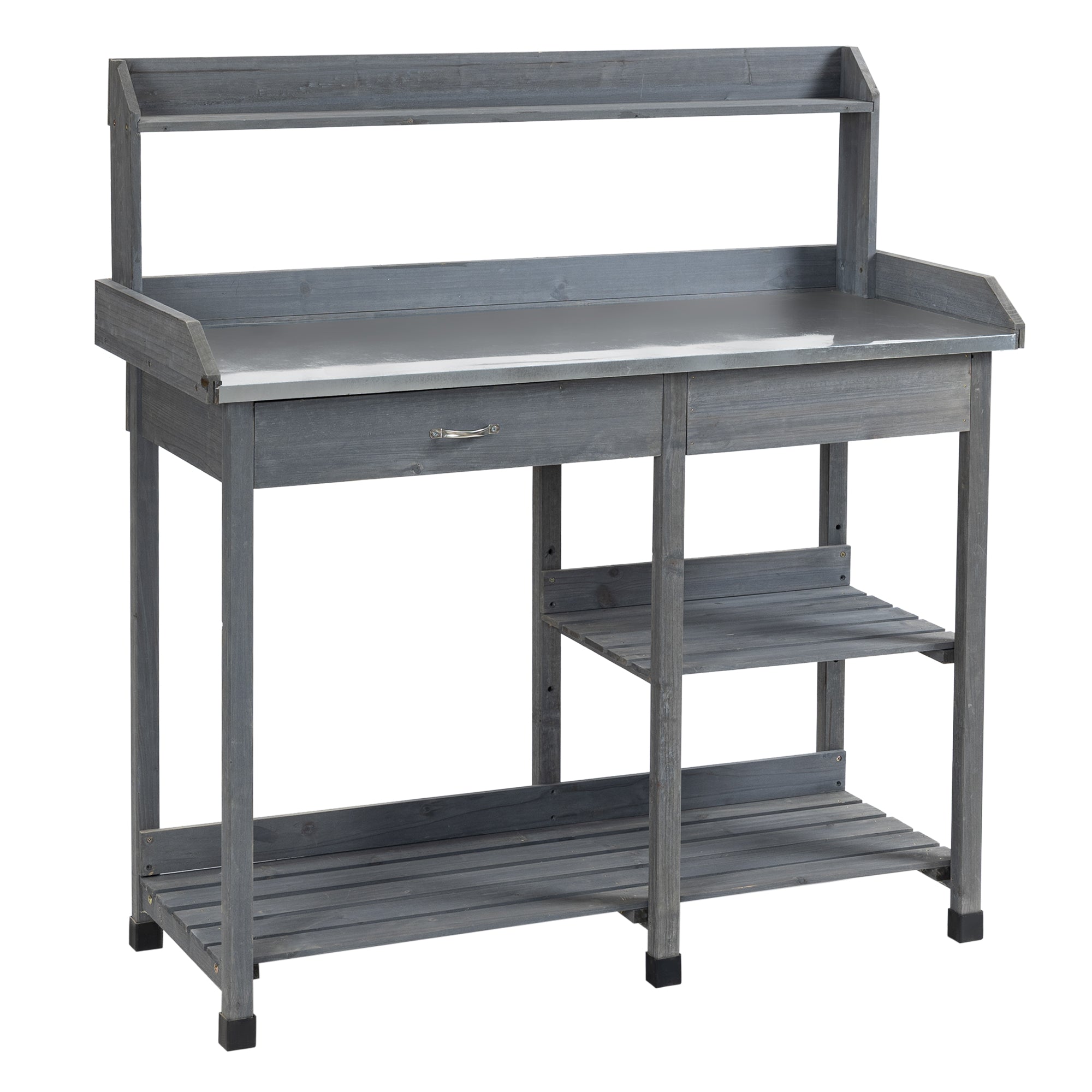 Outsunny Garden Potting Table, Wooden Workstation Bench w/ Galvanized Metal Tabletop, Drawer, Storage Shelves and Hooks for Patios, Courtyards, Balcony 