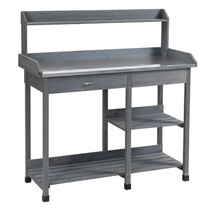 Outsunny Garden Potting Table, Wooden Workstation Bench w/ Galvanized Metal Tabletop, Drawer, Storage Shelves and Hooks for Patios, Courtyards, Balcony 