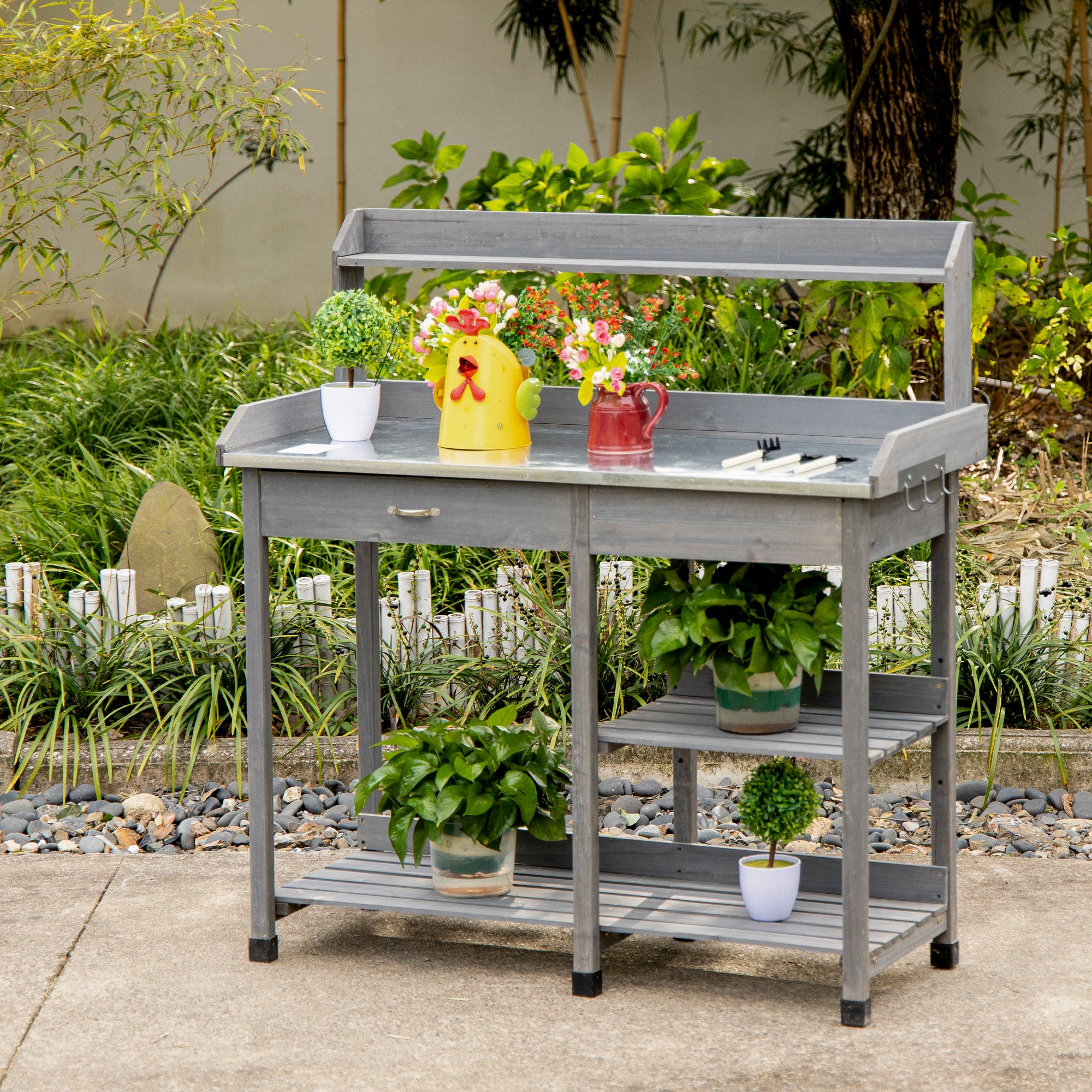 Outsunny Garden Potting Table, Wooden Workstation Bench w/ Galvanized Metal Tabletop, Drawer, Storage Shelves and Hooks for Patios, Courtyards, Balcony 