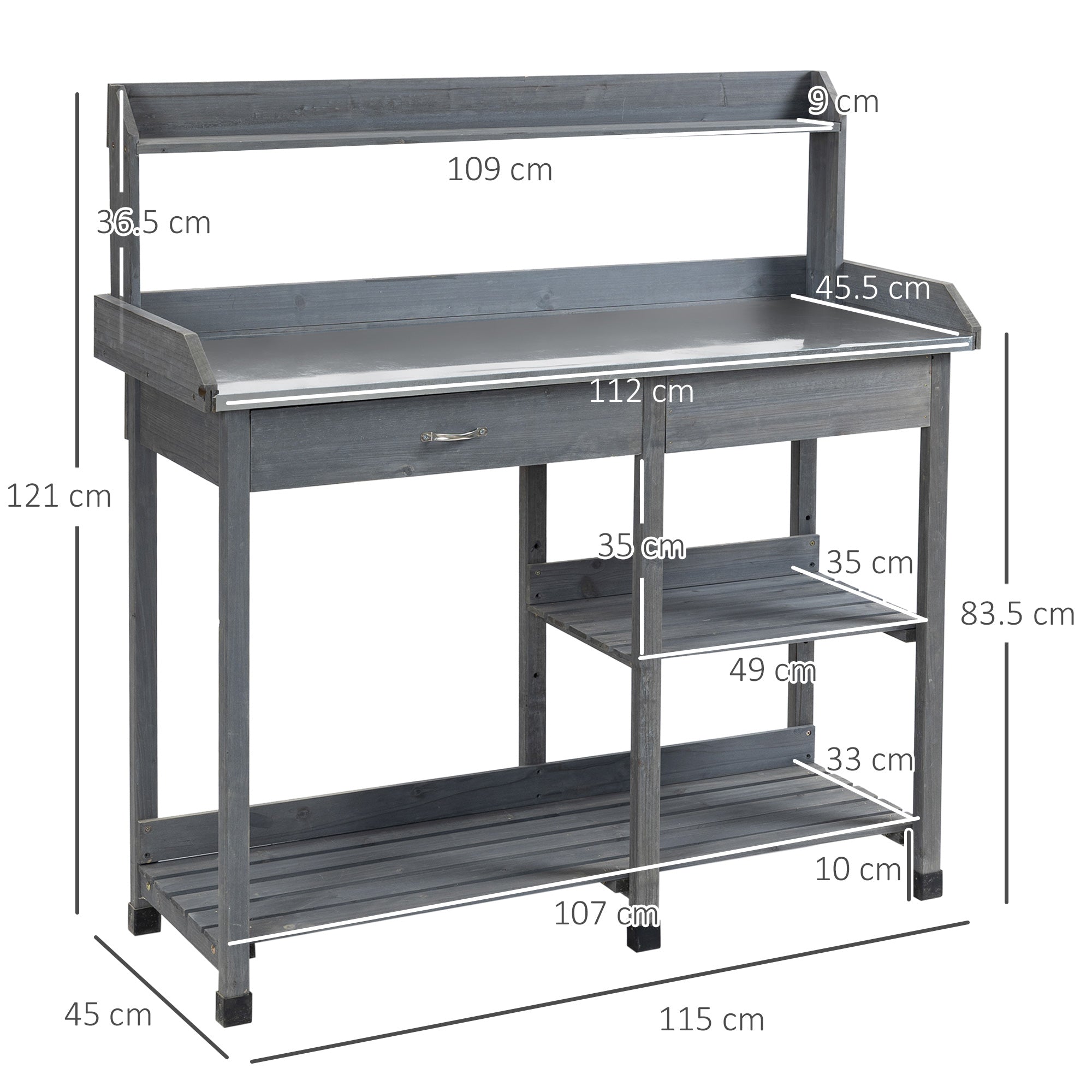 Outsunny Garden Potting Table, Wooden Workstation Bench w/ Galvanized Metal Tabletop, Drawer, Storage Shelves and Hooks for Patios, Courtyards, Balcony 