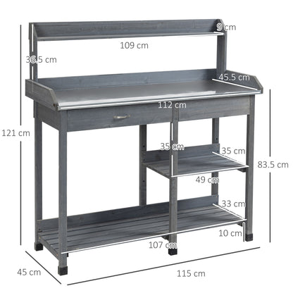 Outsunny Garden Potting Table, Wooden Workstation Bench w/ Galvanized Metal Tabletop, Drawer, Storage Shelves and Hooks for Patios, Courtyards, Balcony 