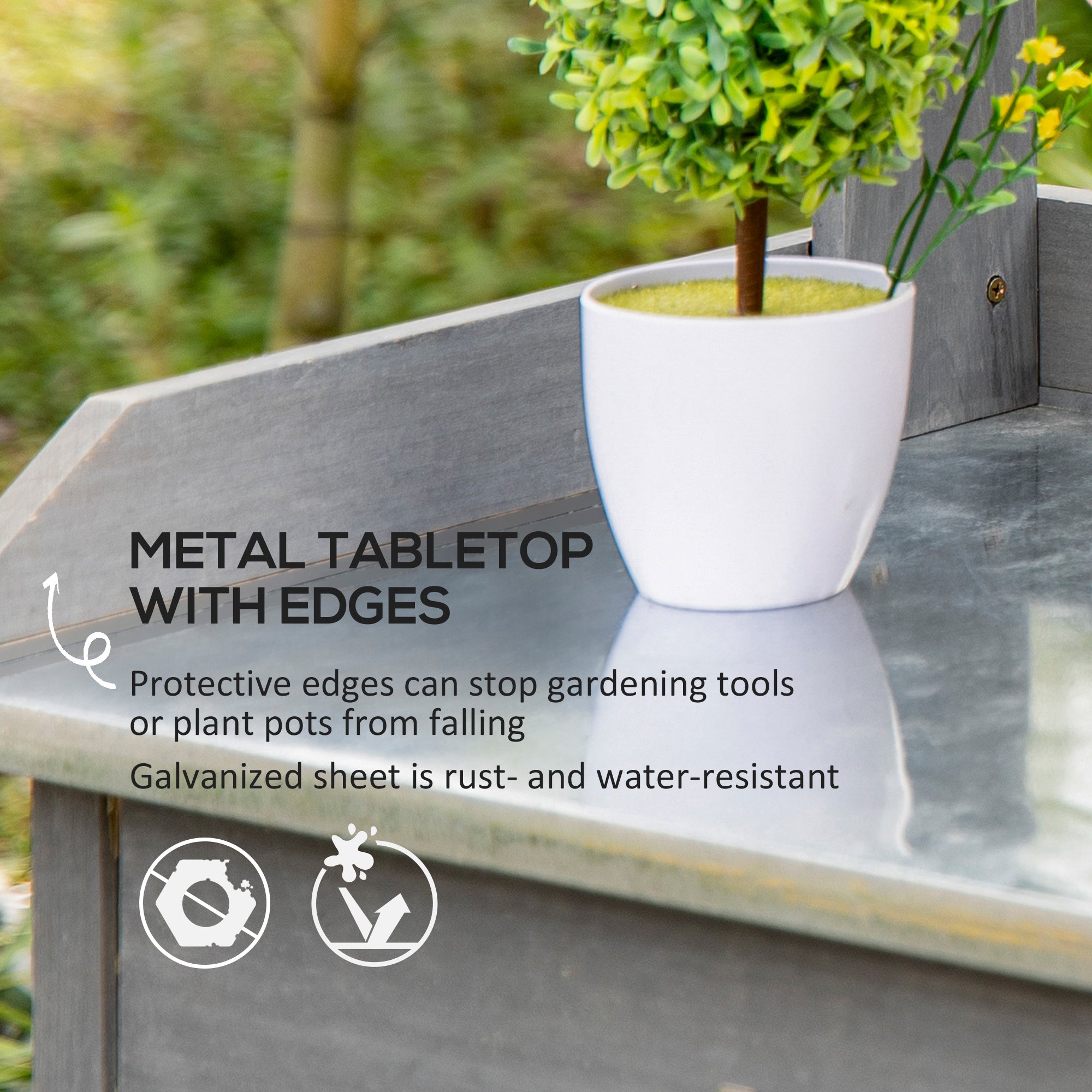 Outsunny Garden Potting Table, Wooden Workstation Bench w/ Galvanized Metal Tabletop, Drawer, Storage Shelves and Hooks for Patios, Courtyards, Balcony 