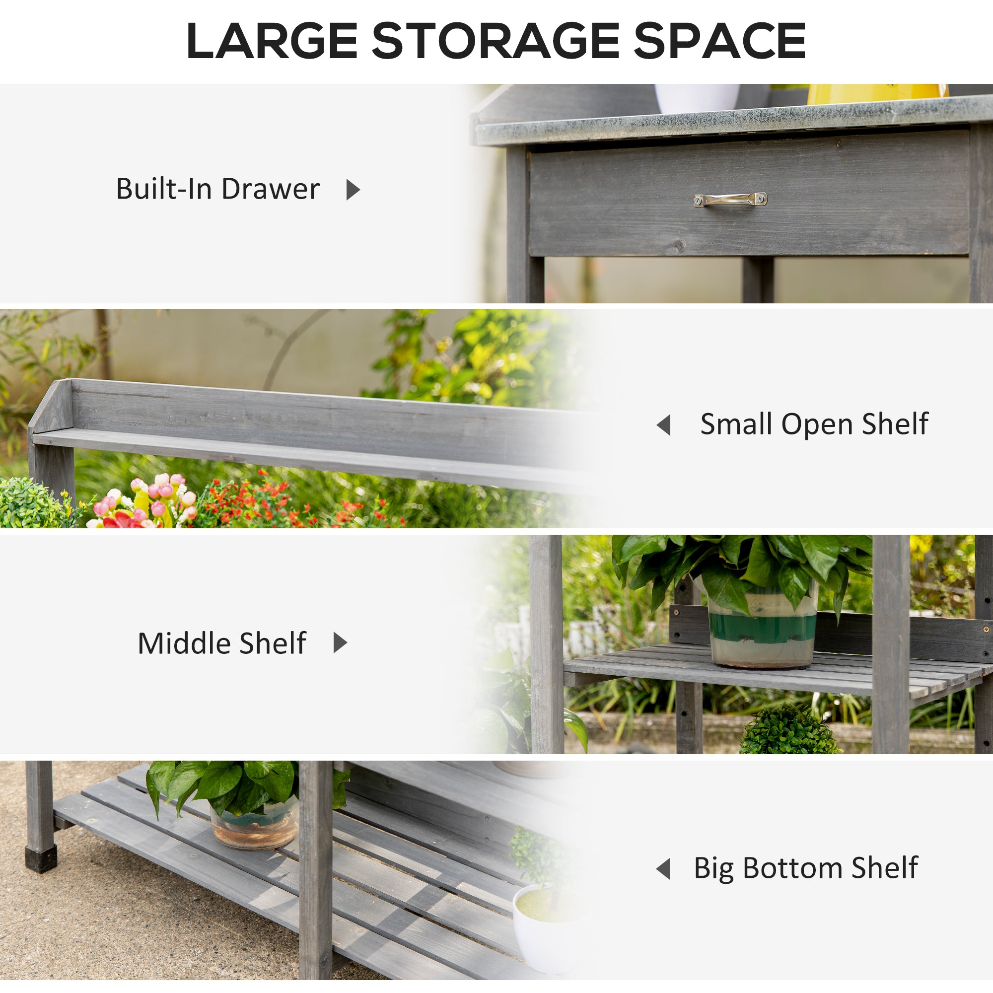Outsunny Garden Potting Table, Wooden Workstation Bench w/ Galvanized Metal Tabletop, Drawer, Storage Shelves and Hooks for Patios, Courtyards, Balcony 