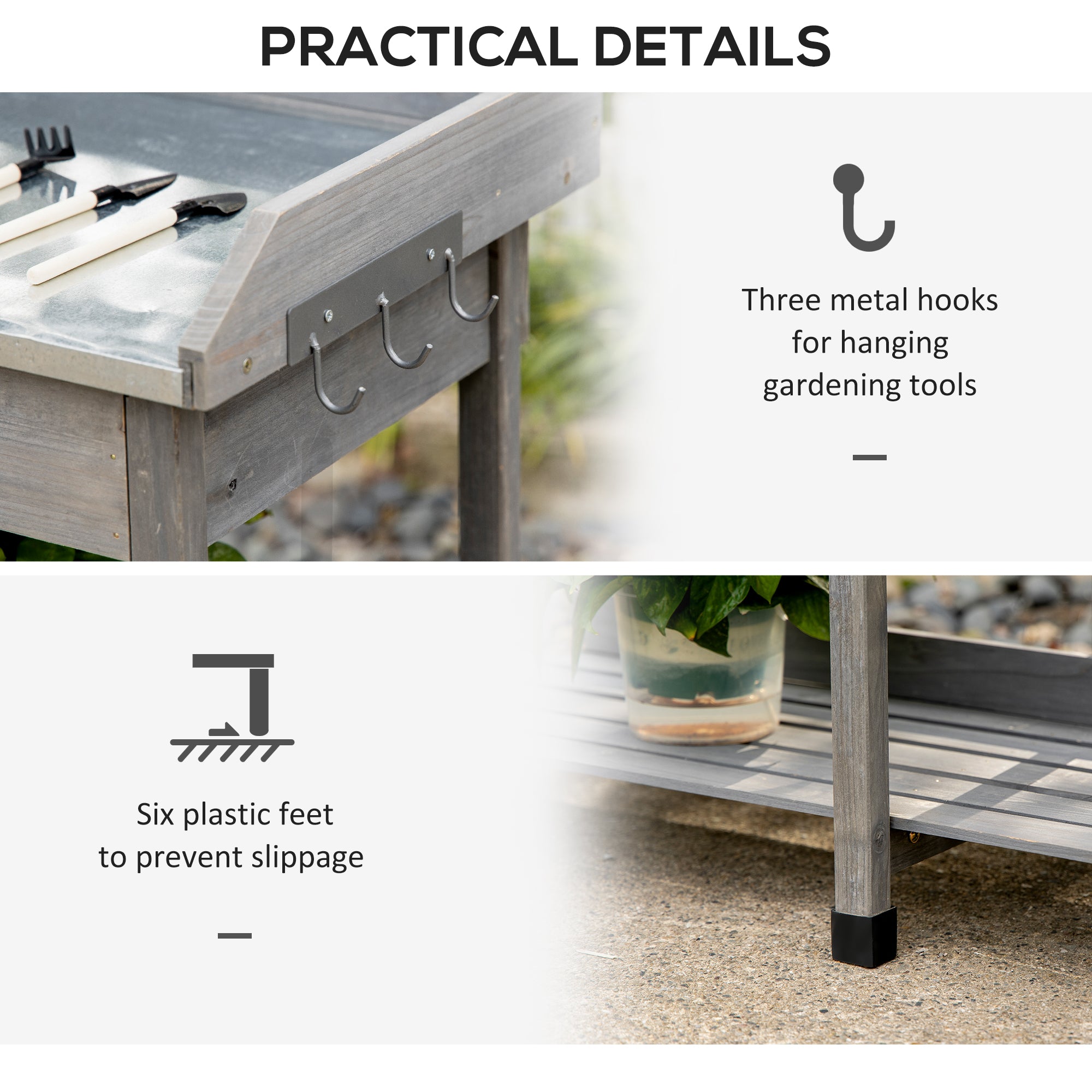 Outsunny Garden Potting Table, Wooden Workstation Bench w/ Galvanized Metal Tabletop, Drawer, Storage Shelves and Hooks for Patios, Courtyards, Balcony 