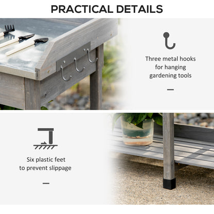 Outsunny Garden Potting Table, Wooden Workstation Bench w/ Galvanized Metal Tabletop, Drawer, Storage Shelves and Hooks for Patios, Courtyards, Balcony 